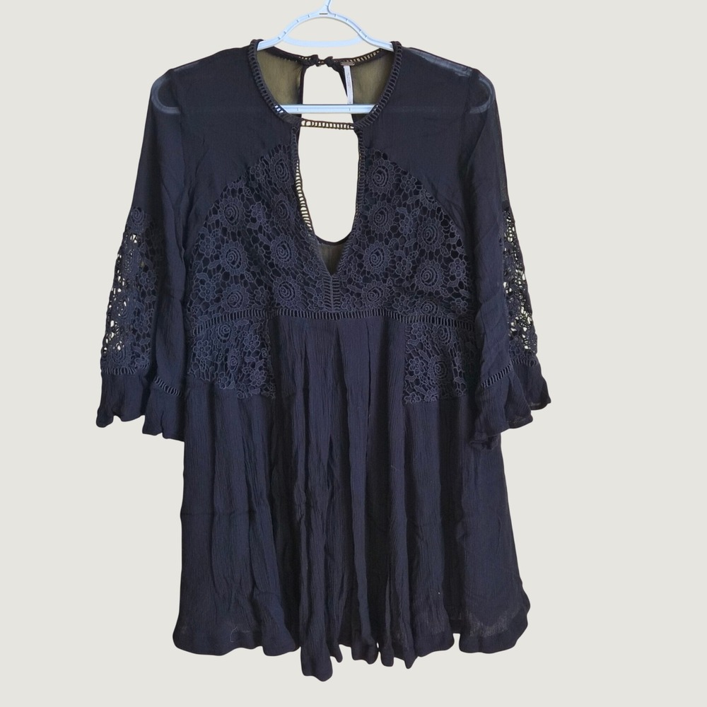 Free People Tunic Dress Womens Small Black Excellent Lace Crochet Boho Mini